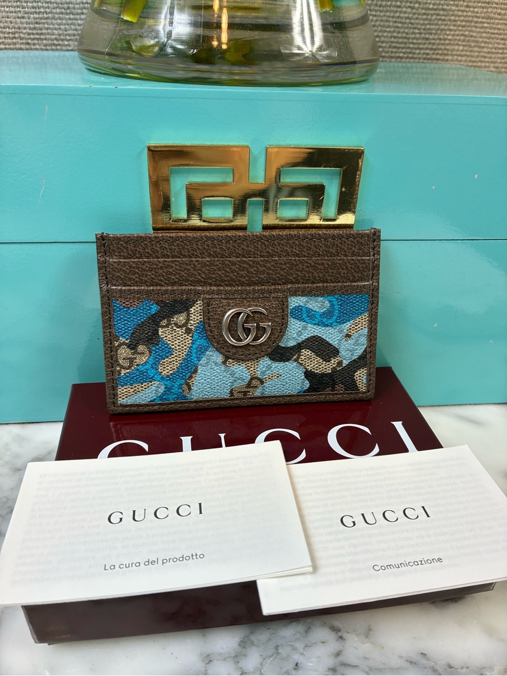 Gucci Camouflage Blue and Brown Canvas & Leather Card Case - NWOT w/ Box